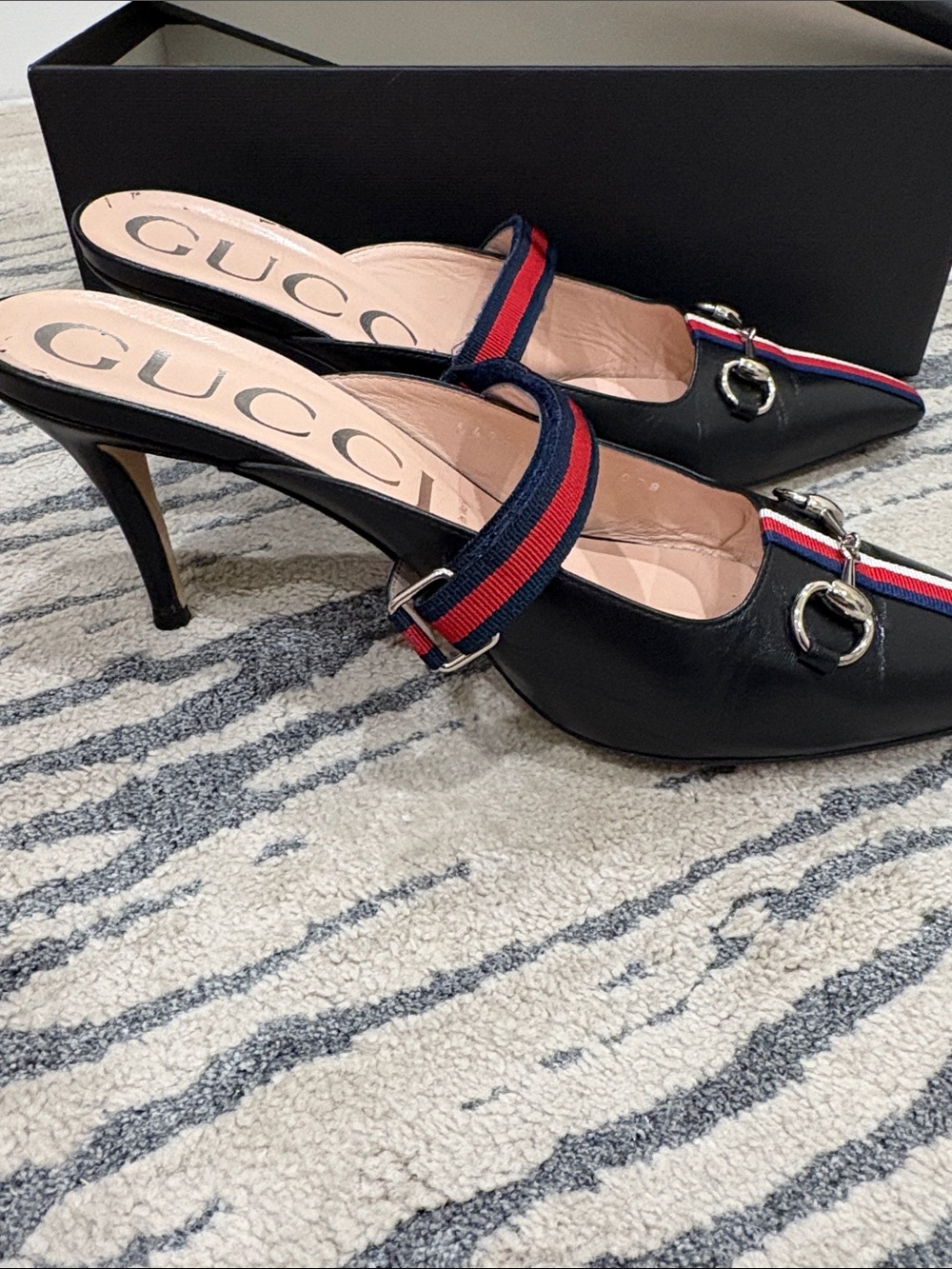 Gucci Sylvie Horsebit Slingback Pump Mule Black Web Stripe Mid Heel - Picture 9 of 15
